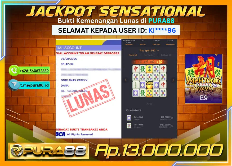 PURA88 JACKPOT MAHJONG WAYS Rp 13.000.000,- LUNAS